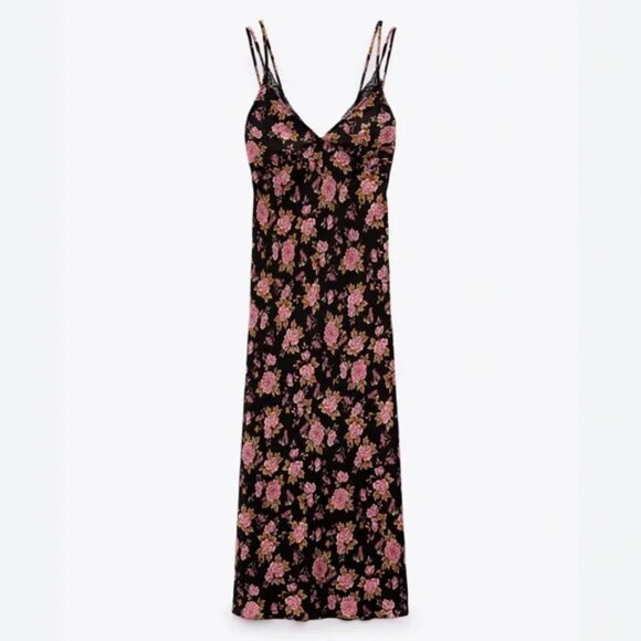 Zara Satin Rose Floral Slip Midi Dress Black Pink Size XS - Picture 7 of 12